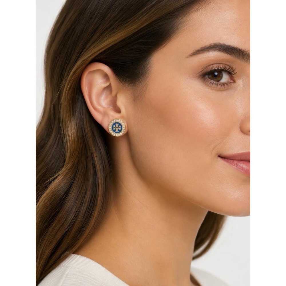 NWT Tory Burch Navy & Gold Crystal Logo Stud Earrings / Dustbag Included / $110